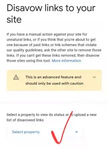 Google Disavow Tool এর স্ক্রিনশটে Select Property অপশন মার্ক করা