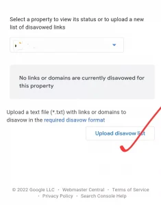 Google Disavow Tool এর স্ক্রিনশটে Upload Disavow Link মার্ক করা